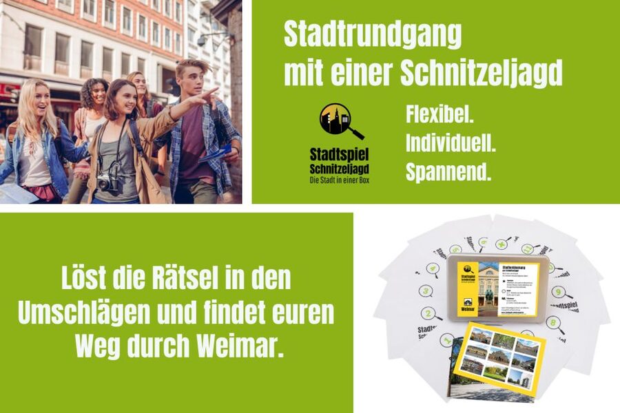 Weimar: Die Highlights auf eigene Faust entdecken - Your game box: 11 sealed cards, numbers that change the order, and an emergency card